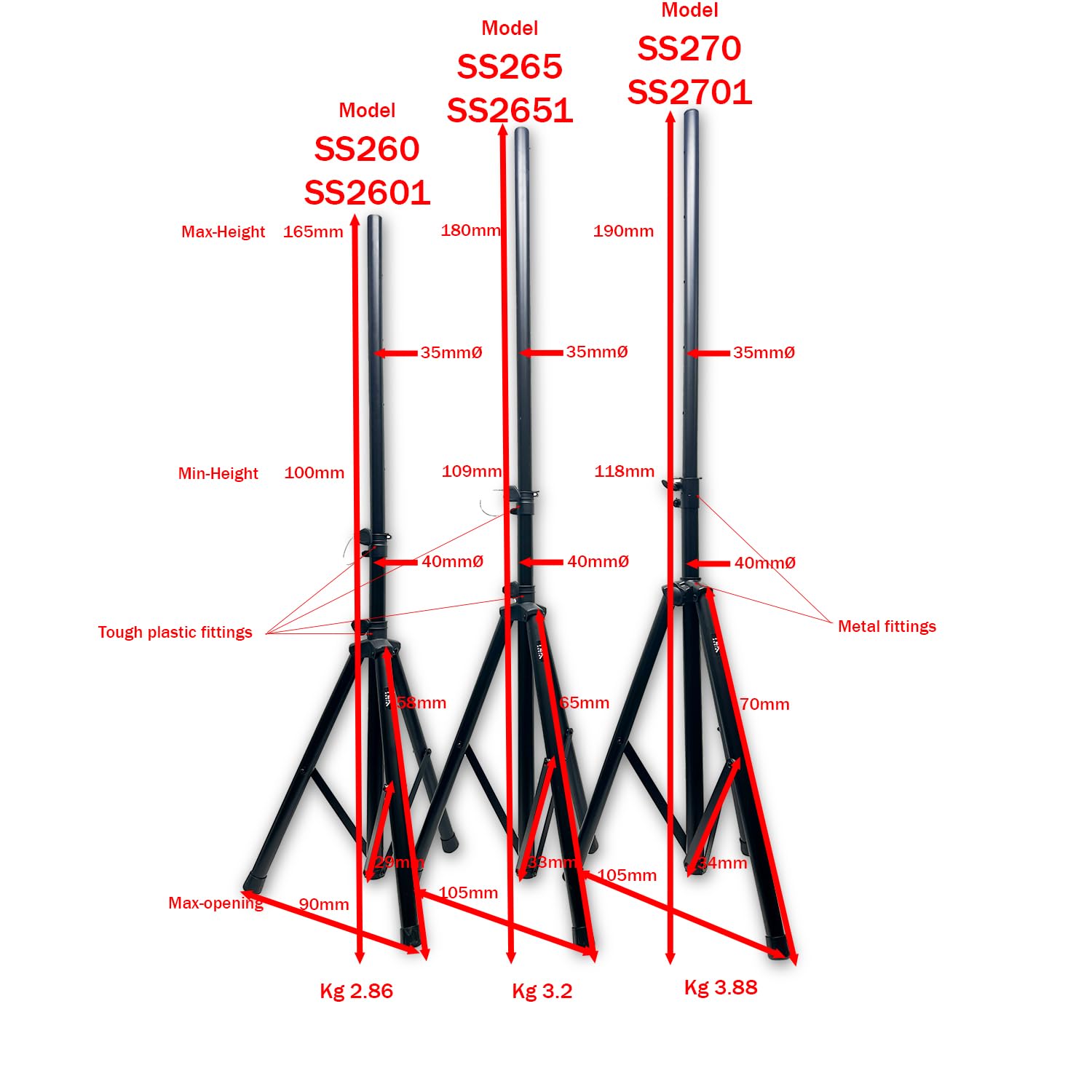 TEK audio SS265 - Speaker Stands Kit including 2 Stands and carry bag